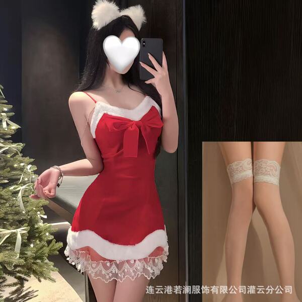 Ruolan Sexy Lingerie Dress - Velvet Pure-Temptation Cami Slip Dress for Christmas & New Year Live Streaming - Set + matching stockings