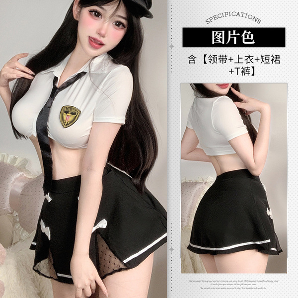 Sexy Police Uniform Costume for Women - Pure & Tempting Bodycon Skirt Set with Waist Cutout, No-Remove Design - Image color + silver label black hat