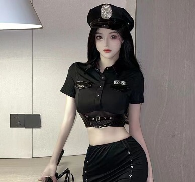 Qingruohan Sexy Police Cosplay Outfit - Tight-Fit Sheath Bodysuit for Women, Dominant Lady Costume Set - Silver Label Black Hat