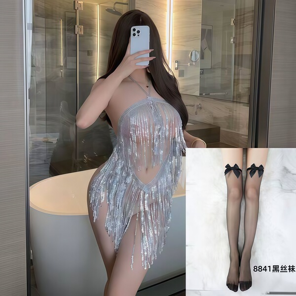 QQNY Pure Allure Sleepwear Set – Elegant Sensual Lingerie for Women, Luxury Bedroom Wear - Silver Latin skirt + black butterfly stockings