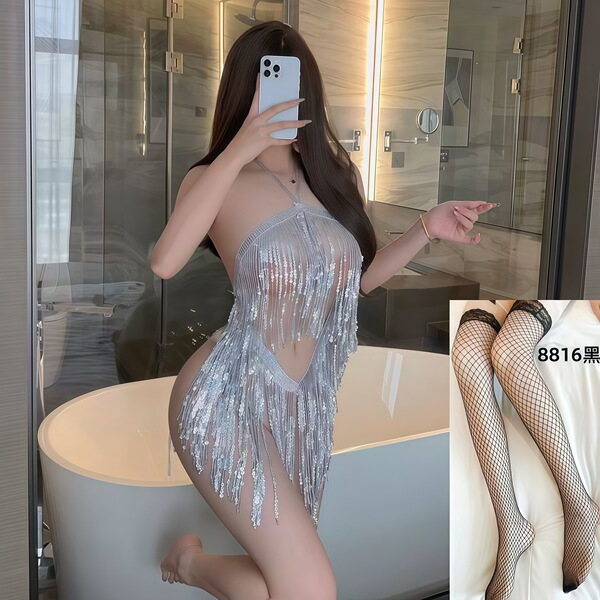 QQNY Pure Allure Sleepwear Set – Elegant Sensual Lingerie for Women, Luxury Bedroom Wear - Silver Latin skirt + black fishnet stockings