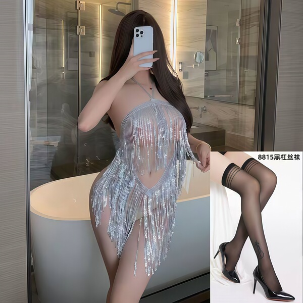 QQNY Pure Allure Sleepwear Set – Elegant Sensual Lingerie for Women, Luxury Bedroom Wear - Silver Latin skirt + black striped stockings