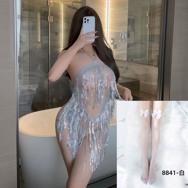 QQNY Pure Allure Sleepwear Set – Elegant Sensual Lingerie for Women, Luxury Bedroom Wear - Silver Latin skirt + white butterfly stockings