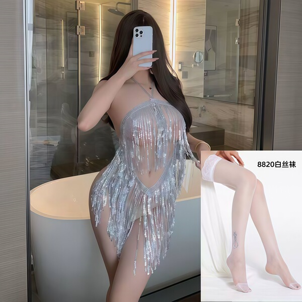 QQNY Pure Allure Sleepwear Set – Elegant Sensual Lingerie for Women, Luxury Bedroom Wear - Silver Latin skirt + white stockings