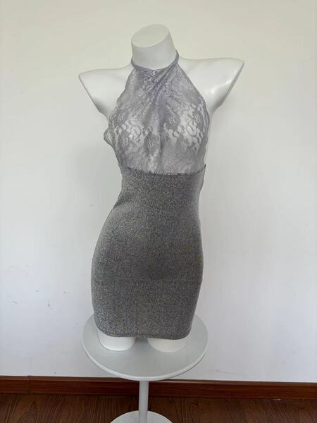 Qingruohan Transparent Sheer Lingerie Set – Hook-Neck Seductive Bodycon Nightclub Outfit & Sexy Sleep Dress - silver