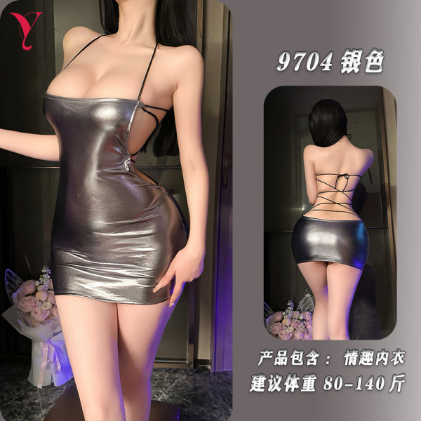 Sexy Nightclub Bodysuit - Slim-Fit Backless Bandage Dress with Low-Cut Neckline & Tied Straps - Silver + matching garter stockings
