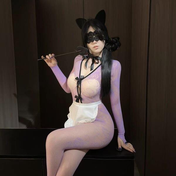 Qiaoduo Lace Sheer Bodysuit with Open-Crotch Design - Sexy Tear-Away Mesh Sleepwear & Maid Costume for Women - single ear