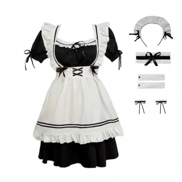 Maid Costume Cosplay Outfit - Cute Anime Lolita Dress for Women, Sexy Student Style Pure & Sweet Aesthetic - Six accessories plus skirt and apron, size 2XL