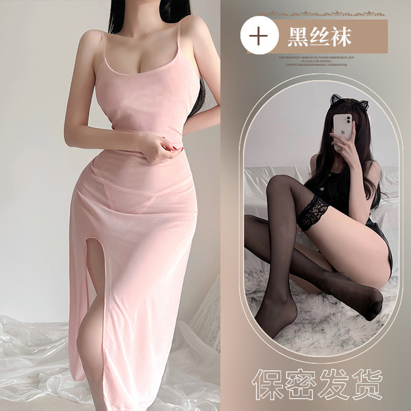 Women's Sexy Lace Sheer Nightgown Set - Transparent Mesh Sleep Dress with Adjustable Straps - Skin tone + black stockings