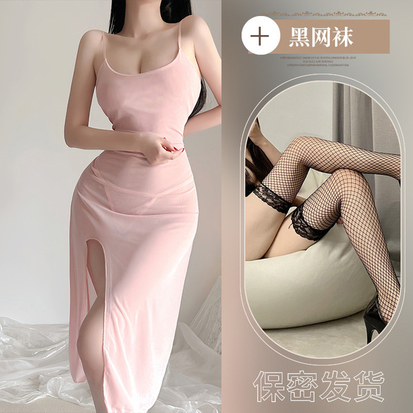 Women's Sexy Lace Sheer Nightgown Set - Transparent Mesh Sleep Dress with Adjustable Straps - Skin tone + black fishnet stockings