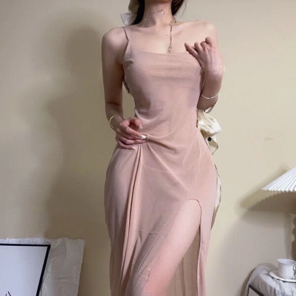 Women's Sexy Lace Sheer Nightgown Set - Transparent Mesh Slip Dress & Matching Bralette for Romantic Nights - Skin tone A
