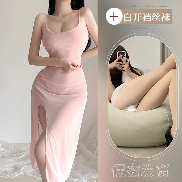 Women's Sexy Lace Sheer Nightgown Set - Transparent Mesh Sleep Dress with Adjustable Straps - Skin tone + white open crotch socks