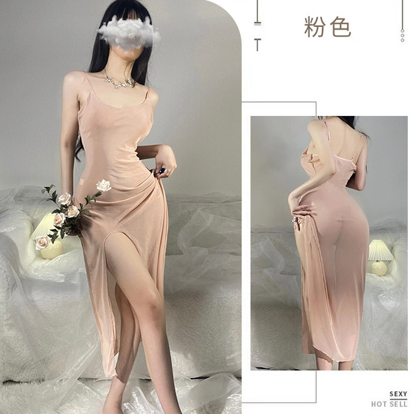 Women's Plus Size Sexy Lace Mesh Long Nightgown - Transparent Seductive Sleep Dress for Intimate Nights - Skin tone + black fishnet stockings