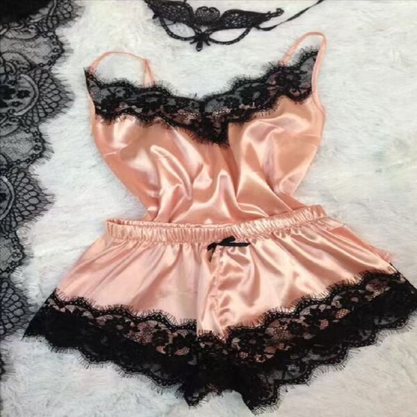 Amazon Ice Silk Women's Summer Sleepwear Set – Sexy Lace Cami & Shorts Two-Piece Outfit - color