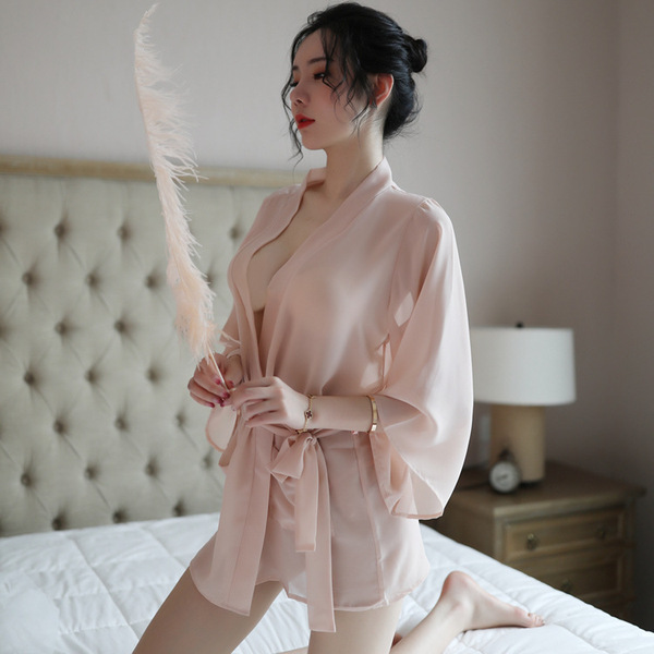 Women's Sexy Sheer Lace Sleepwear Set – Transparent Satin Sleep Robe & Matching Nightgown with Boyfriend Shirt Style - color