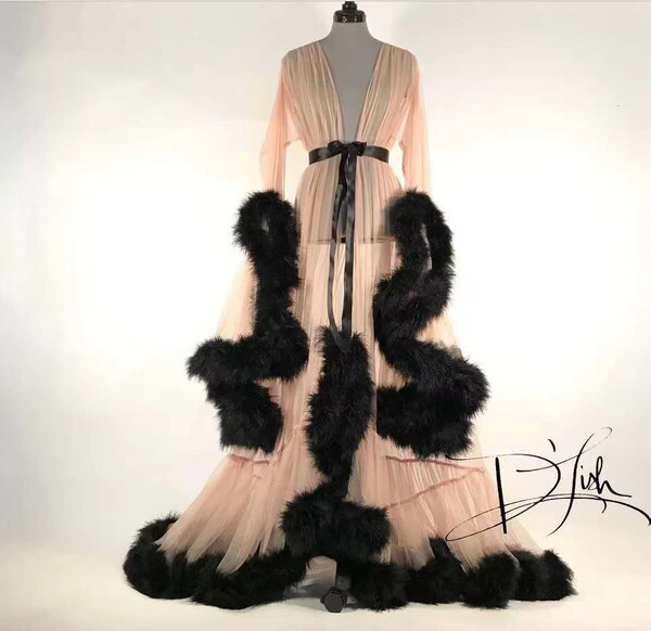 Sexy Feather Sheer Nightgown -European and American Style Long Sleeve Lace Trim Sleep Dress with Flared Sleeves & Train - color