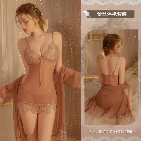 Manyan Lingerie Set for Women - Pure & Tempting Lace Cami Dress, Sheer Sleepwear Gown with Robe, 3-Piece Sensual Nightwe - color
