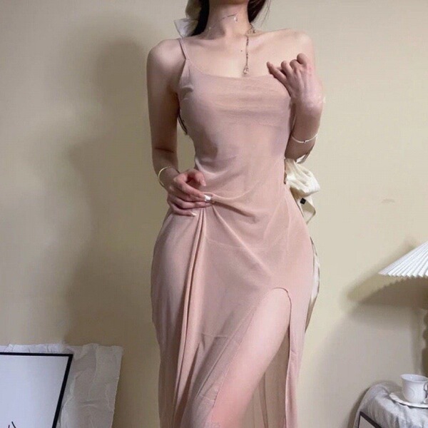 Women's Sexy Lace Mesh Nightgown - Sheer Seductive Slip Dress with Side Slit, Comfortable & Alluring Sleepwear - Skin tone + white open crotch stockings