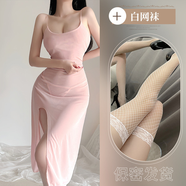 Women's Sexy Lace Sheer Nightgown Set - Transparent Mesh Sleep Dress with Adjustable Straps - Skin tone + white fishnet stockings