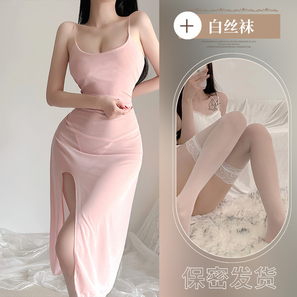 Women's Sexy Lace Sheer Nightgown Set - Transparent Mesh Sleep Dress with Adjustable Straps - Skin tone + white stockings