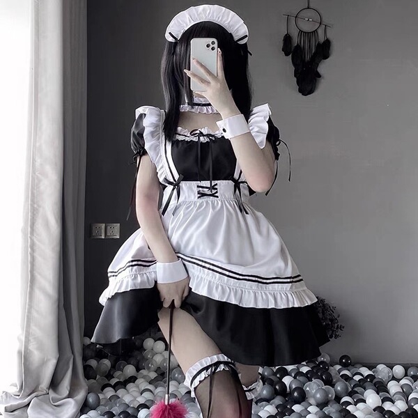 Cute Maid Costume Cosplay Dress - Plus Size Lolita Student Uniform Skirt Set for Women - Skirt, apron, and six accessories M