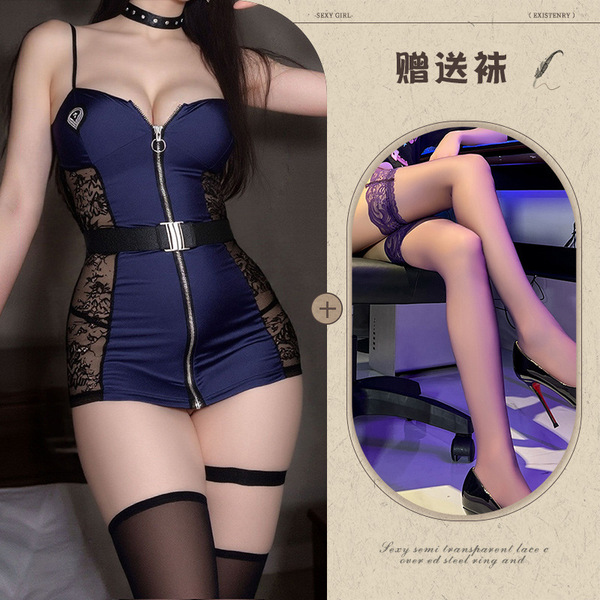 Manny Night Cosplay Police Uniform Lingerie Set - Sexy Lace Bodysuit with Cut-Out Design, Role Play Outfit - Bodycon skirt + black stockings