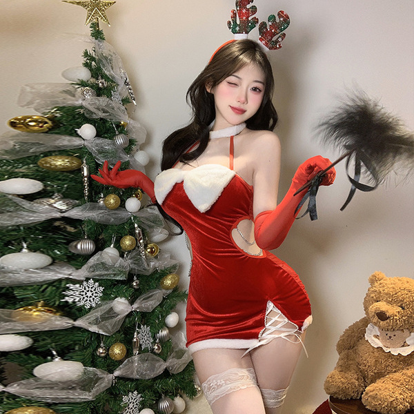 Festive Velvet Lingerie Set - Cozy Winter Holiday Costume for Women, Sexy Christmas Cosplay Outfit - 9901 [Skirt + Gloves]