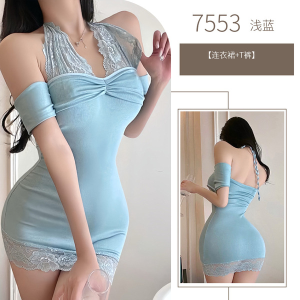QQNY Lace Halter Bodycon Dress - Sheer Seductive Sleepwear & Date Night Outfit for Women - Light blue