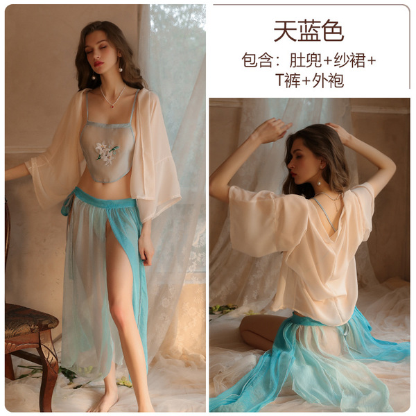 Sexy Ancient Chinese Style Lingerie Set – Embroidered Sheer Hanfu Doudou Bedroom Costume Outfit - Sky blue