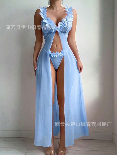 2026 Sheer Lace Long Slip Dress – Sensual Mesh Backless Nightgown & Lingerie Set for Women - Sky blue