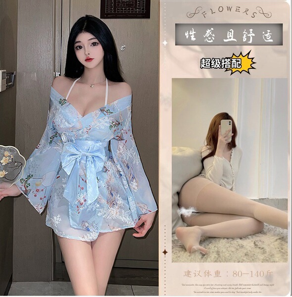 Seductive Maid Costume Lingerie Set - Modest Yet Alluring Temptation Sleepwear for Women - Sky blue suit + white open-crotch socks