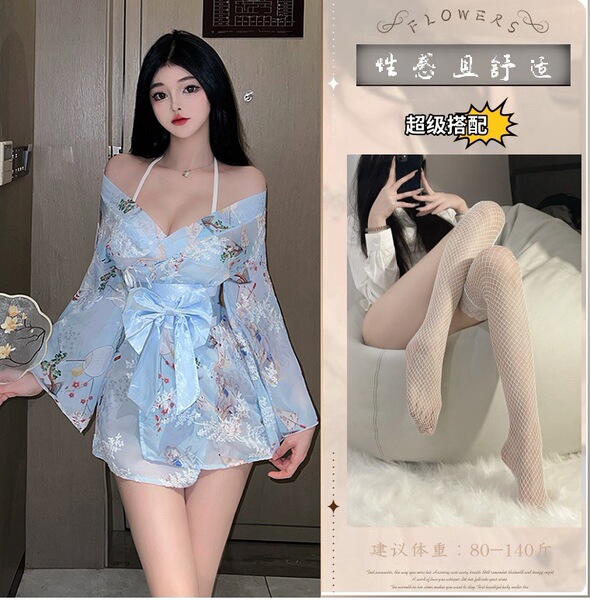 Seductive Maid Costume Lingerie Set - Modest Yet Alluring Temptation Sleepwear for Women - Sky blue suit + white fishnet stockings
