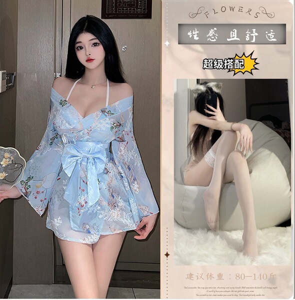 Seductive Maid Costume Lingerie Set - Modest Yet Alluring Temptation Sleepwear for Women - Sky blue suit + white stockings