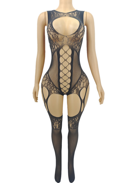 Sexy Lingerie Bodysuit for Women - Sheer Mesh Cut-Out Open-Crotch See-Through Bodysuit with Sleeveless Design - SL1640-Grey