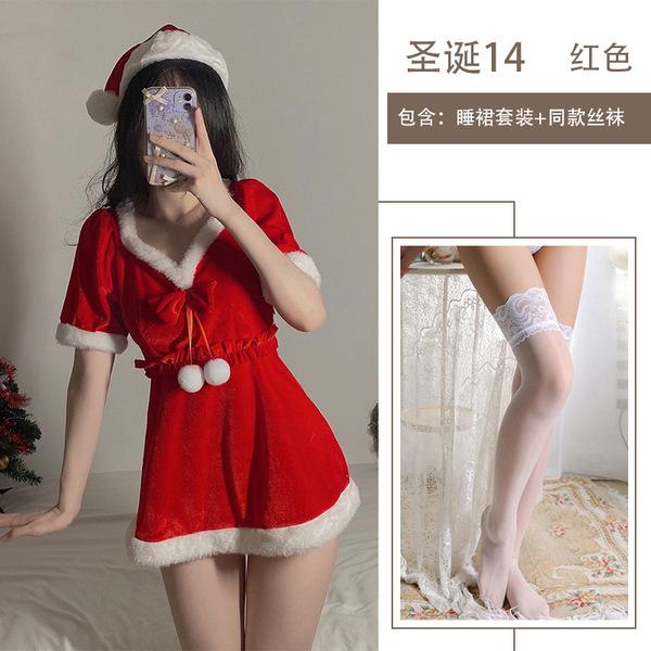Christmas Velvet Lingerie Set - Cute Role Play Sleep Dress for New Year Date Night Outfit - Nightgown + hat + white stockings