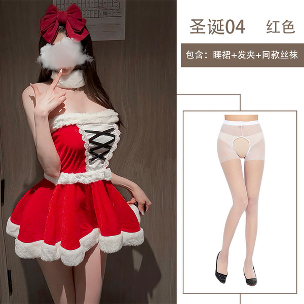 Misty Romance Christmas Lingerie Set - Cute Fuzzy Sexy Slip Dress & Matching Nightwear for Holiday Parties - Nightgown set + hair clip + white open-crotch socks