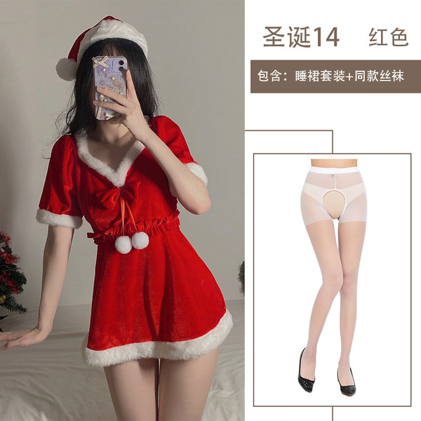 Christmas Velvet Lingerie Set - Cute Role Play Sleep Dress for New Year Date Night Outfit - Nightgown + hat + white open-crotch socks