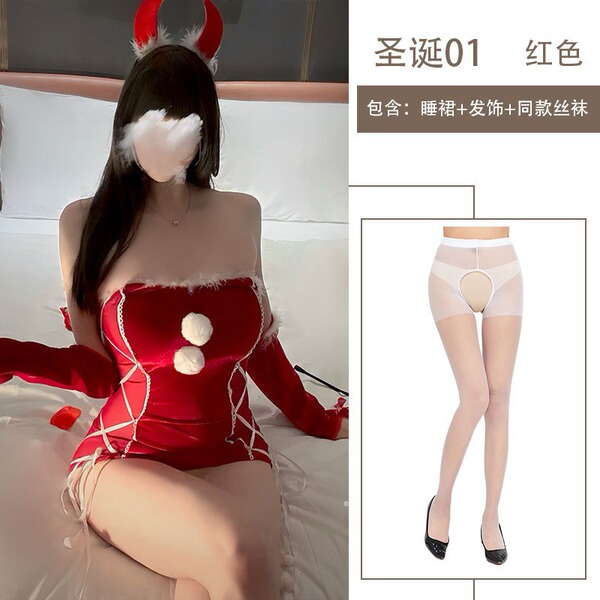 Misty Romance Christmas Bodysuit Set - Velvet Sweet & Sexy Matching Outfit for New Year - Nightgown set + hair accessory + white open-crotch stockings