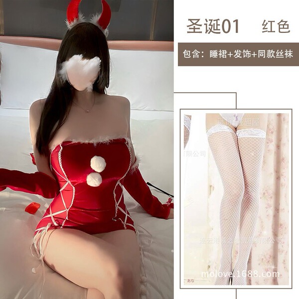 Misty Romance Christmas Bodysuit Set - Velvet Sweet & Sexy Matching Outfit for New Year - Nightgown set + hair accessory + white fishnet stockings