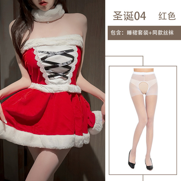 Misty Romance Christmas Lingerie Set - Cute Fuzzy Sexy Slip Dress & Matching Nightwear for Holiday Parties - Nightgown set + white open-crotch stockings