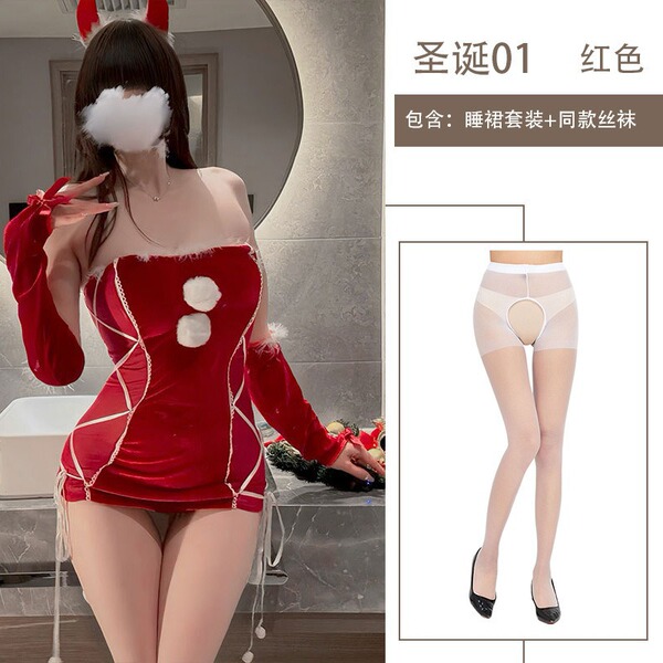 Misty Romance Christmas Bodysuit Set - Velvet Sweet & Sexy Matching Outfit for New Year - Nightgown set + white open-crotch stockings