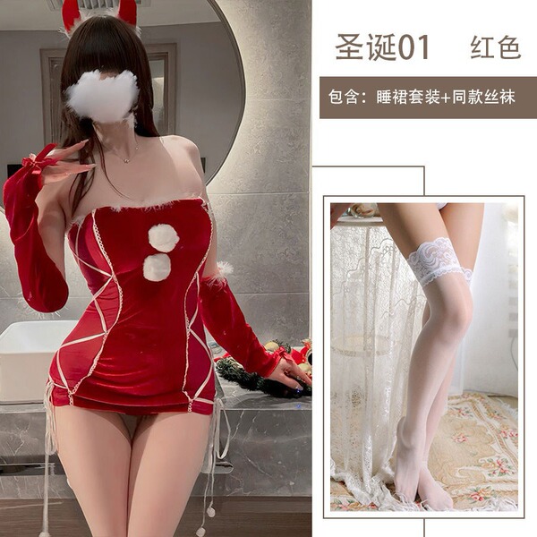 Misty Romance Christmas Bodysuit Set - Velvet Sweet & Sexy Matching Outfit for New Year - Nightgown set + white stockings