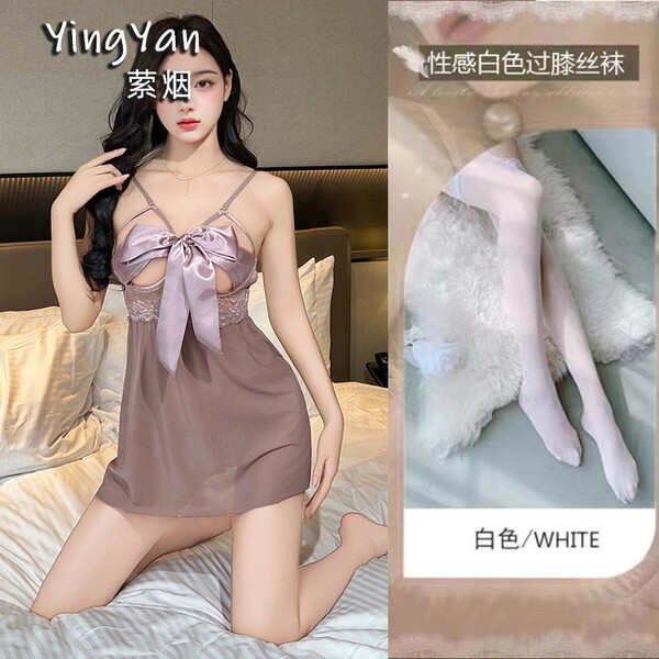 Lace Sensual Sleepwear Set - Sexy Underwire Push-Up Lounge Set for Small Bust Women - 0803 [Breast Support] Light Purple Butterfly Nightgown + Panties + White Stockings