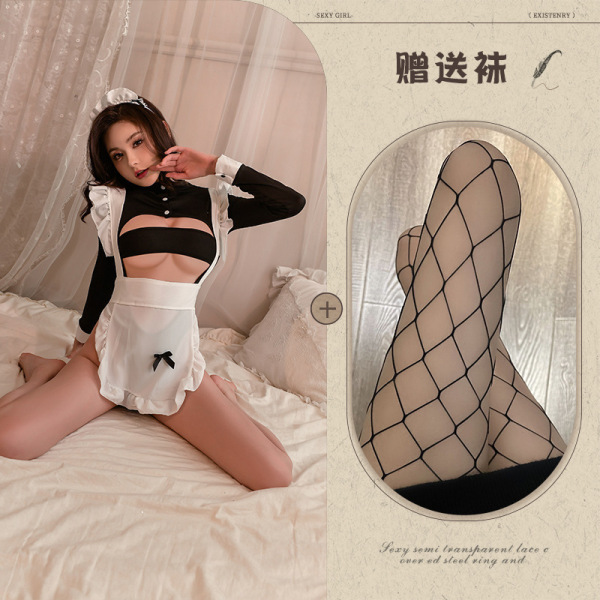 QQNY Pure Allure Sleepwear Set – Elegant Sensual Lingerie for Women, Luxury Bedroom Wear - Serum-draining maid + fishnet stockings