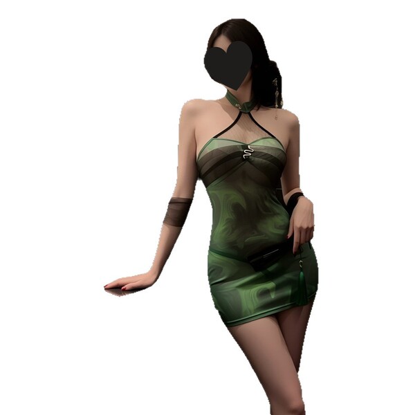 A woman wearing a green snake-style lace cheongsam sleep dress, featuring sheer mesh halter neck design and bodycon fit, perf...