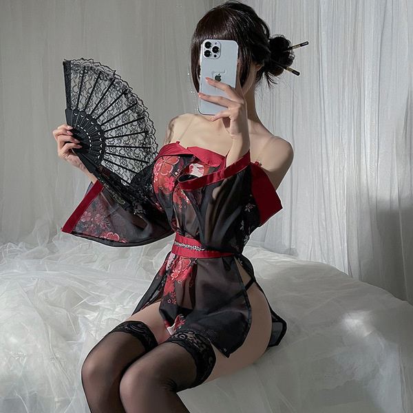 Sexy snow dream lace off-shoulder kimono-style sheer robe with fan for cosplay and role play outfits