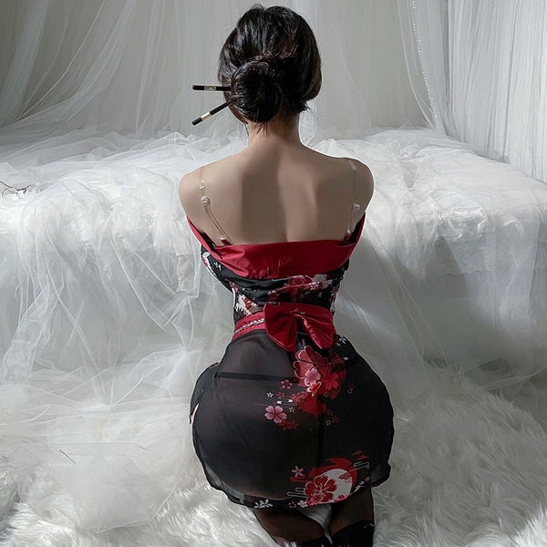 Sexy snow dream lace off-shoulder kimono-style sheer robe with floral design, perfect for cosplay and role play outfits.