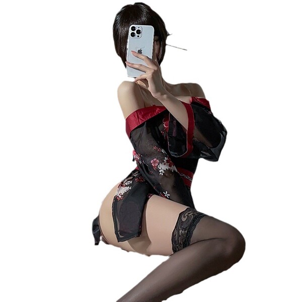 Sexy snow dream lace off-shoulder kimono-style sheer robe for cosplay and role play, featuring elegant floral patterns and sh...