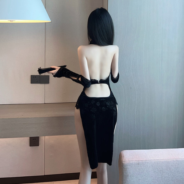 Backless lace cheongsam with high slit, retro role play outfit for women, elegant design featuring delicate lace details.
