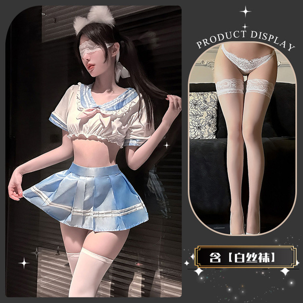 QingShe Pure Sailor-Style Sensual Lingerie Skirt – Flirty Pleated JK-Inspired Erotic Outfit - Soap cotton pleats + white stockings